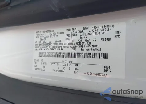 2021 Ford Transit-350 Passenger Van Xlt из США, поврежденный, VIN 1FBAX2C80MKA31826